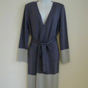 New ST. JOHN Concord Platinum Melange Wool Color Block Wrap Knit Long Jacket 10
